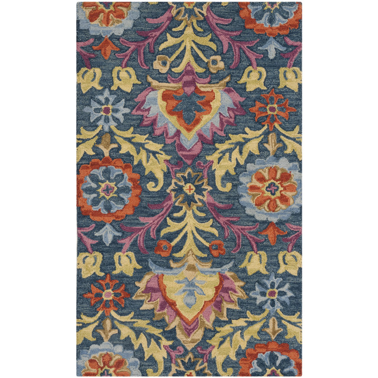 Bungalow Rose Talmo Oriental HandHooked Wool Area Rug in Blue/Yellow
